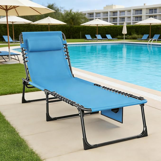 Outdoor Folding Chaise Lounge 5-Position Adjustable Recliner 400LB Heavy Duty Portable Patio Camping Beach Chair, Blue