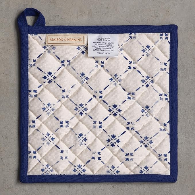 Maison d' Hermine Pot Holders 100% Cotton Heat Resistant Potholders 8" x 8" Hot Pads with Loop BBQ Cooking Baking Hotel Farmhouse Kitchen Handling Hot Pans Spring Summer (Pack of 2, Faience)