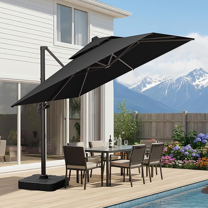 10x10 FT Patio Umbrella, Large Cantilever Double Top Heavy Duty Offset Umbrellas with 360° Rotation, Outdoor shade for Garden Deck Pool, Grey