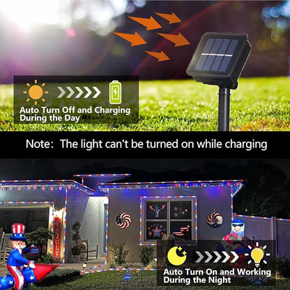 YEGUO Solar Rope Lights Outdoor Waterproof, 66ft 200 LED Red White and Blue Lights, 8 Modes Fairy Lights in Clear Thin Tube for Indoor Independence Memorial Day