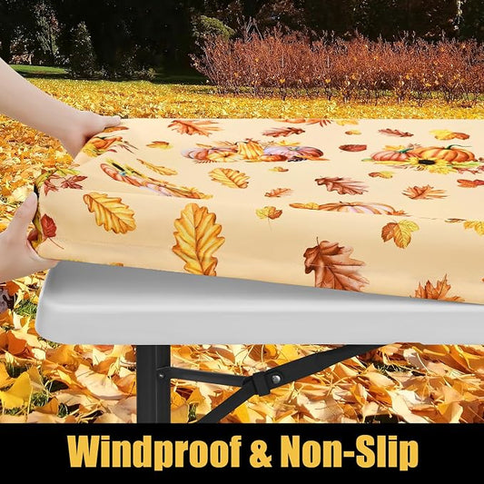Smiry Rectangle Thanksgiving Table Cloth, Waterproof Elastic Fitted Tablecloths for 8 Foot Tables, Washable Polyester Table Cover for Autumn Harvest Parties (Pumpkin Sunflower, 30"x96")
