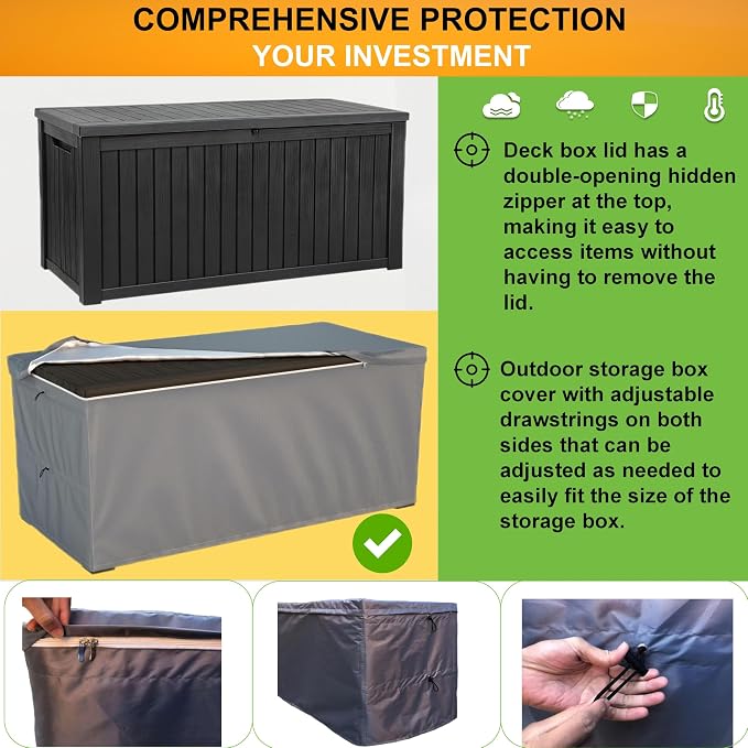 Deck Box Cover - Outdoor Storage Box Cover 150 Gallon, Heavy Duty 600D Oxford Cloth Water And Dust Resistant, Size 62x25x28 Inches Fits Most Patio Box.