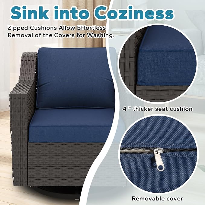 8 Pieces Patio Conversation Furniture Set - 1 Sofa, 2 Ottomans, 2 Armchairs, 2 Swivel Chairs, 1 Side Table, Outdoor Wicker Furniture with Removable Cushions for Porch, Sunroom (Blue)