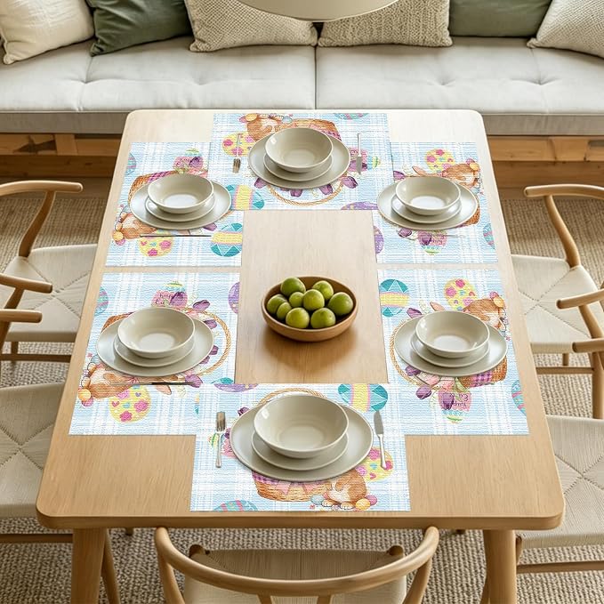 Nuxovilar Tablerunner and Placemats Set of 7 Easter-Themed with Bunny & Egg Patterns Linen Square Placemats for Dining Dining Sets and Accessories Kitchen, Table, Easter Gatherings