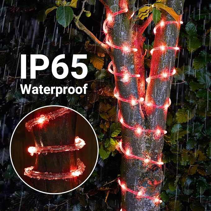 Jnaurb Solar Rope Lights, 33ft 100LED Solar String Lights, 8 Modes Waterproof Solar Outdoor Light, Flexible Clear Trampoline Light for Garden Backyard Patio Deck Porch, Pool Tree Decoration - Red