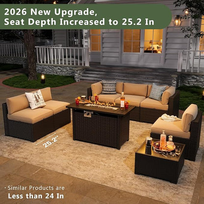 Aoxun 8 Piece Patio Furniture Set with 44” Fire Pit Table Wicker Patio Sectional Sofa Set Outdoor Seating Furniture with Thickened Cushion, Beige
