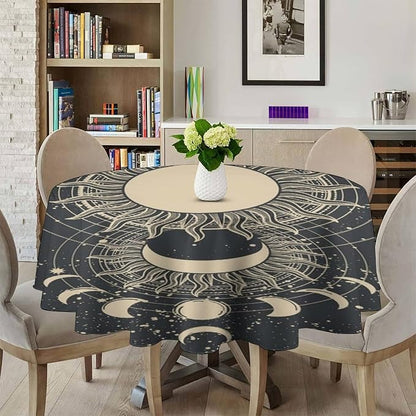 Vintage Tarot Round Tablecloth Boho Mystical Astrologer Zodiac Full Moon Phases Star Galaxy Space Table Cloth Water Resistant Wipeable Table Cover for Picnic Party Holiday Kitchen Dinner Table 70"