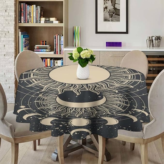 Vintage Tarot Round Tablecloth Boho Mystical Astrologer Zodiac Full Moon Phases Star Galaxy Space Table Cloth Water Resistant Wipeable Table Cover for Picnic Party Holiday Kitchen Dinner Table 60"