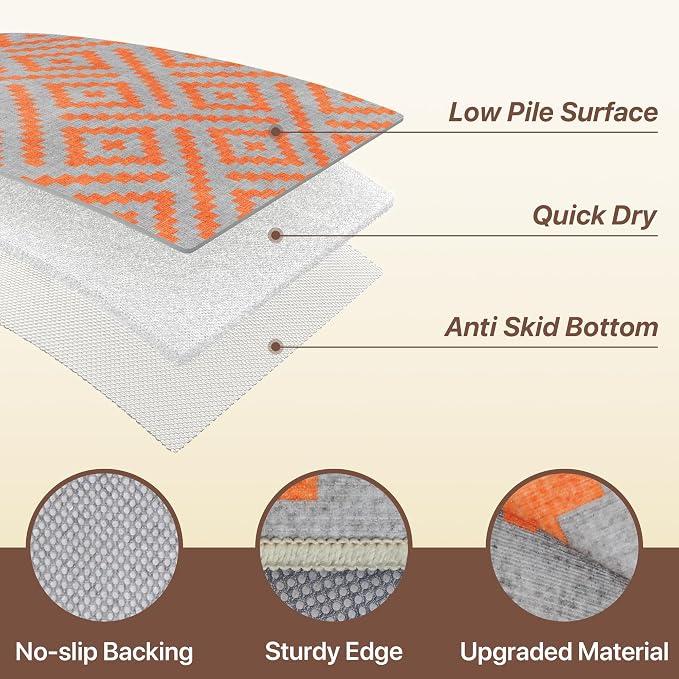 GENIMO Outdoor Rug 3'x5' Waterproof for Porch, Plastic Door Mat Orange Grey | Outside Modern Carpet Mat for Patio Decor, Porch, Deck, Balcony, Camping, RV, Picnic, Beach, Reversible, Foldable