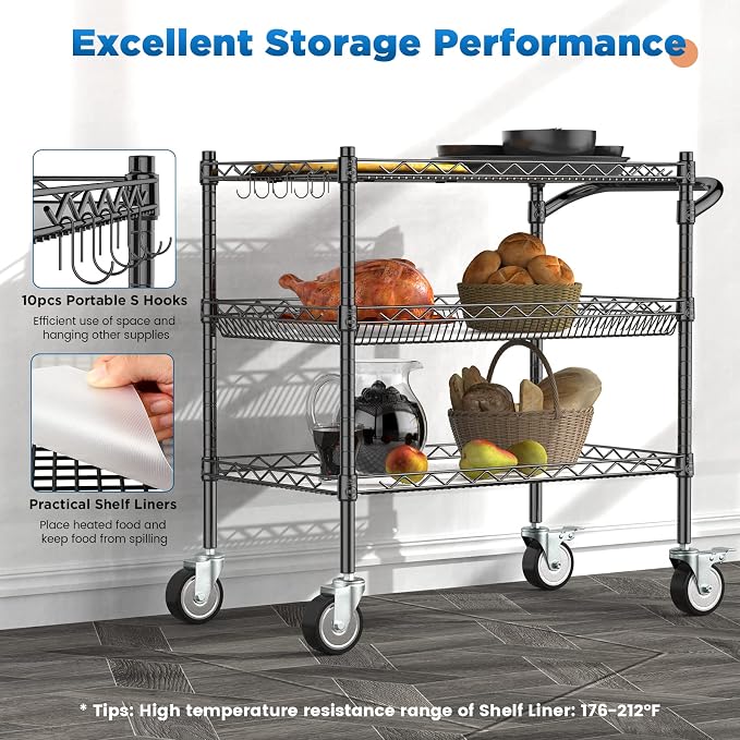 3 Tier Rolling Carts with Wheels, Heavy Duty Rolling Utility Cart | NSF Commercial Grade Metal Cart with Handle&Shelf Liner,Trolley Serving Cart for Kitchen,Restaurant,Plant Display,Black