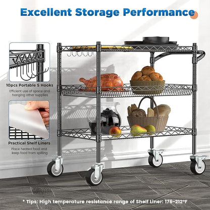 3 Tier Rolling Carts with Wheels, Heavy Duty Rolling Utility Cart | NSF Commercial Grade Metal Cart with Handle&Shelf Liner,Trolley Serving Cart for Kitchen,Restaurant,Plant Display,Black