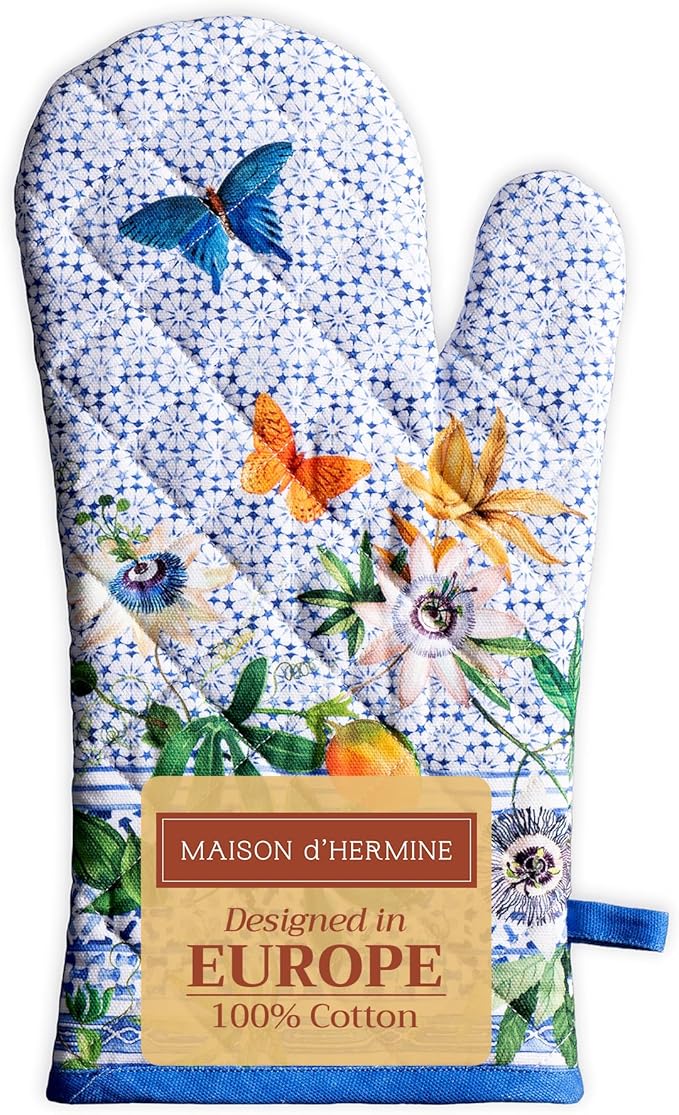 Maison d'Hermine Oven Gloves 100% Cotton Oven Mitt 7" x 13" with Loop Heat Resistant BBQ Cooking Gloves Baking Grilling Kitchen Hotel Home Farmhouse Spring Summer (Pack of 1, Passiflora)