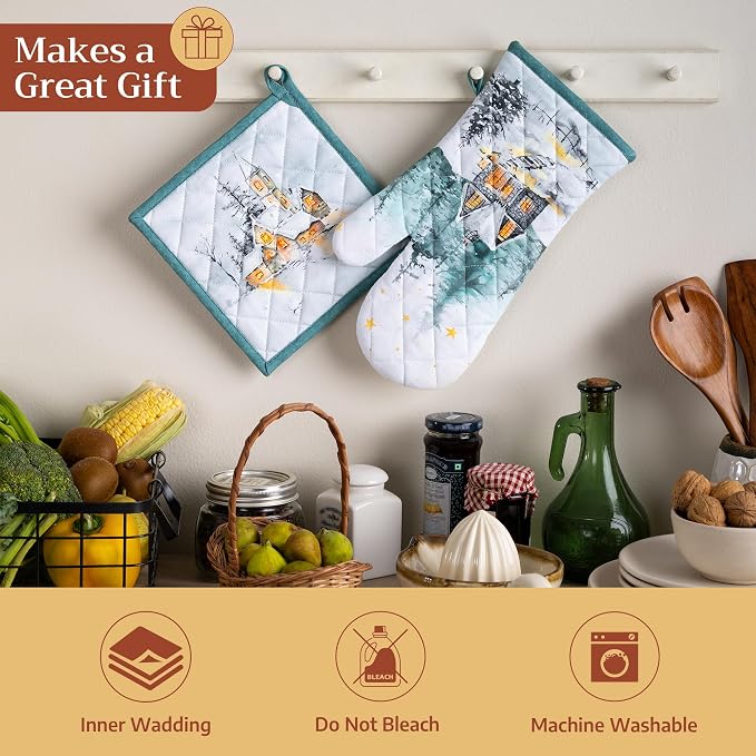 Maison d' Hermine 100% Cotton Oven Mitt & Pot Holder Set (7.5"x13" & 8"x8") | Heat Resistant BBQ Cooking Gloves with Loop Baking Grilling Kitchen Home Farmhouse Thanksgiving Christmas - Neige de Noel