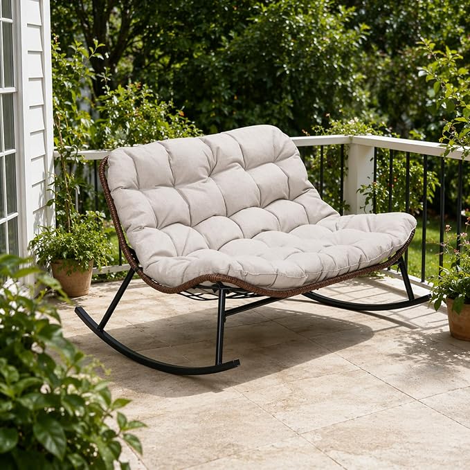 Rocking Papasan Chair, Double Wide Outdoor Lounge Chair, Beige | Double Wide Design with Plush Cushions, Sturdy Rattan Frame and Gentle Rocking Comfort for Patios, Gardens and Balconies