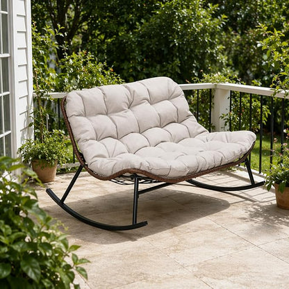 Rocking Papasan Chair, Double Wide Outdoor Lounge Chair, Beige | Double Wide Design with Plush Cushions, Sturdy Rattan Frame and Gentle Rocking Comfort for Patios, Gardens and Balconies