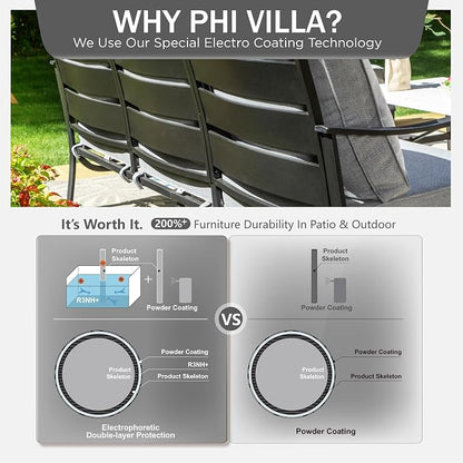 PHI VILLA Metal Patio Sofa with 5.75" Extra-Thick Waterproof Cushion, 3 Seater Deep Seat & High Back Outdoor Couch, All Weather Porch Furniture for Deck Backyard Front Porch Apartment,Gray