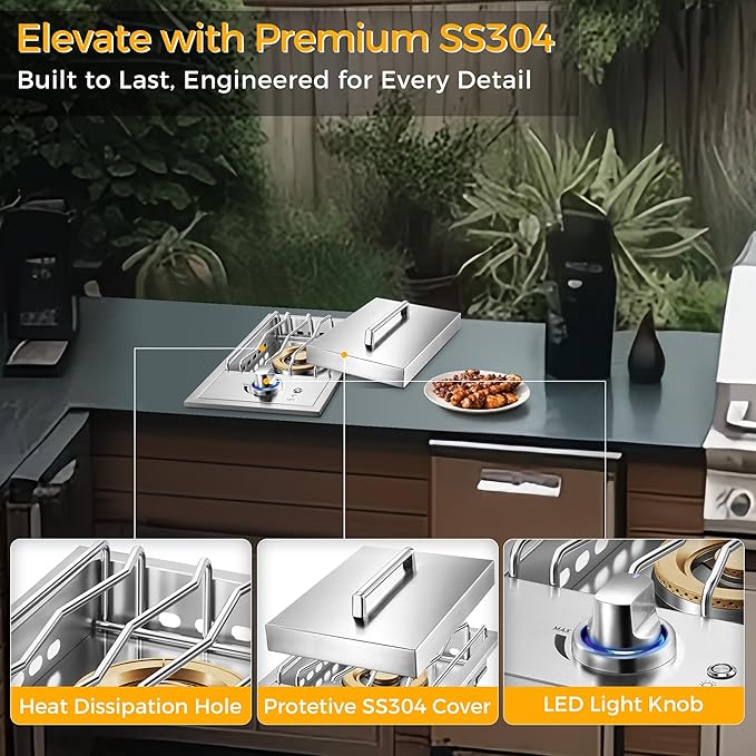 Grilling Side Burners for Outdoor Kitchen,18,000BTU Nature Gas Side Burner Convertible to Liquid Propane, Duty Heavy 304 Stainless Steel, Single Burner for BBQ Island Grill, Gold