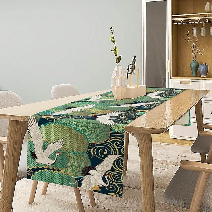 Asian Crane Table Runner Oriental Vintage Japanese Chinese Traditional Bird Clouds Dinner Runner for Farmhouse Kitchen Dinner Table Party Decor 13x70in