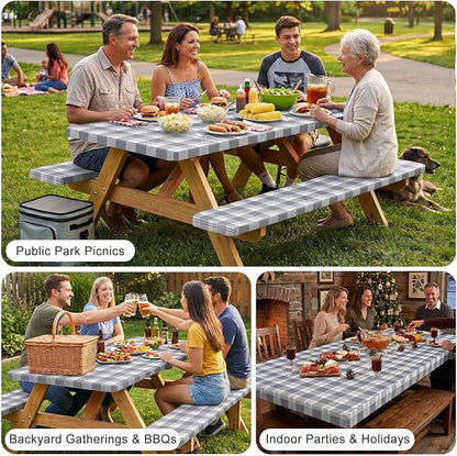 Picnic Table Cover with Bench Covers Windproof Waterproof Picnic Table Covers Camping Tablecloth with Self-Storage Bag, 72in, Light Grey