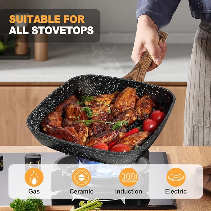 NEWBULIG 3-Piece Nonstick Grill Pan Set, Square Griddle Pans with Wooden Handles, Induction Cooktop Compatible, Nonstick Cookware for Steak, BBQ, Vegetables, Black, 9.5, 10.2, 11 Inch