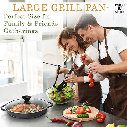 Moss & Stone 12” Nonstick Grill Pan for Indoor Cooking, Cast Aluminum Griddle Pan for Stove Top & Induction, Dishwasher & Oven Safe, Grill Pan with Lid, Silicone Handles, PFOA Free