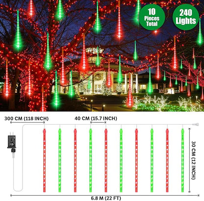 LAMPHOME Christmas Lights Outdoor,12-inch LED Meteor Shower Icicle Lights, 10 Tubes 240 LED String Lights. Waterproof Plug, Shower Rain for Xmas Tree Yard House Decor Red&Green