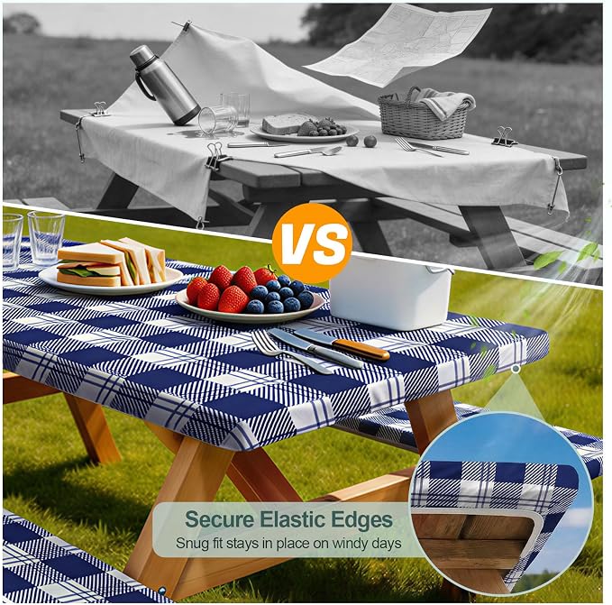Picnic Table Cover Bench Covers Camping Essentials Tablecloth | Waterproof Vinyl for Outdoor, Windproof Elastic Fitted Edges, RV BBQ Accessories Must Haves, Storage Bag Included