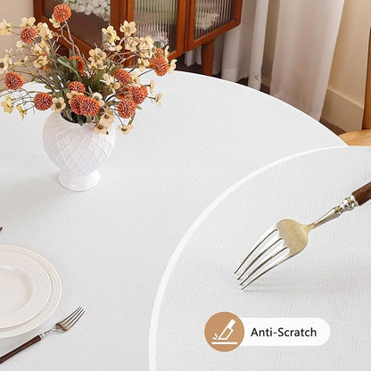 Seenus 60 Inch White Round Tablecloth Fits 30'' to 48'' Dining Table, Water Resistant & Wipeable Textured Table Cloth for 2-4 Seats Kitchen or Patio Circle Table