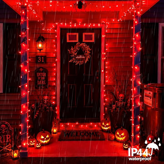 YEGUO 328ft 1000 LED Red Halloween String Lights, Clear Wire Christmas String Lights Indoor, 8 Modes Twinkle Tree Lights Plug in with Timer Memory.
