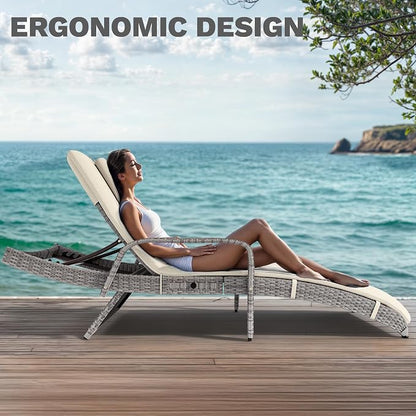 DWVO Outdoor Wicker Chaise Lounge Set of 4, Patio Lounge Chairs with Pull-Out Side Table, Rattan Pool Chair with Headrest & Armrests, 5-Level Backrest for Patio, Beach, Poolside, Beige