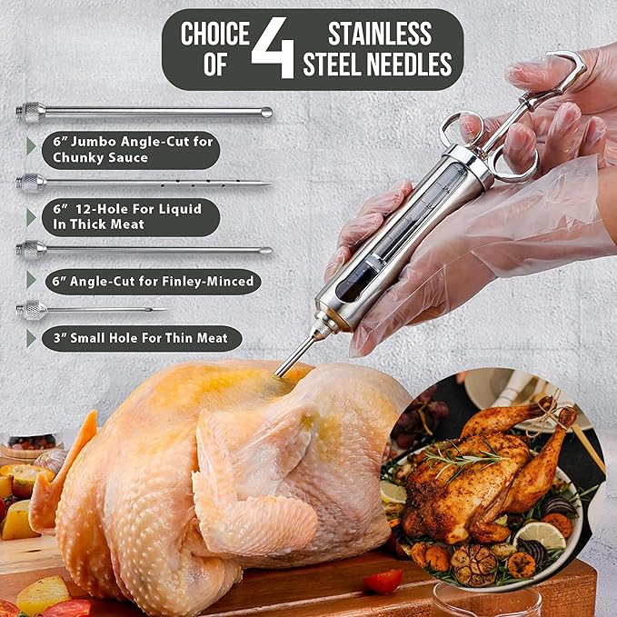 Professional Meat Injector Marinade Syringe Kit for Smoking & Grilling Turkey, Brisket & BBQ, Large 2 Oz Stainless Steel Visible Capacity, Never Leaks or Clogs + Meat Shredding Claws & Flavor Brush