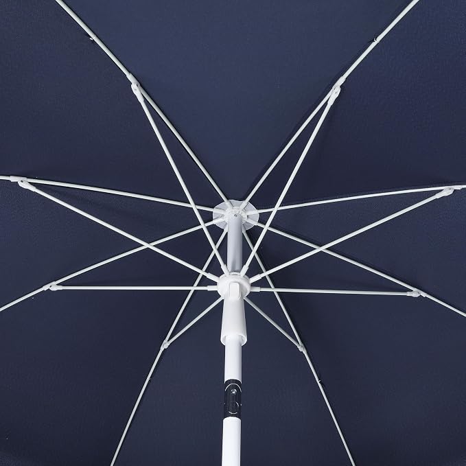 JONATHAN Y Mariner 6.5 ft. Solid Fringe Beach Umbrella, Navy/Blue | Push-Button Tilt, UV 50 Protection, Matching Carry Bag, White Iron Pole, Wind Vent, Scalloped Round Canopy