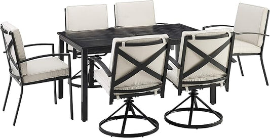 Crosley Furniture Kaplan 7-Piece Outdoor Dining Set for 6, Patio Table and Chairs for Backyard, Deck, Oiled Bronze with Oatmeal Cushions