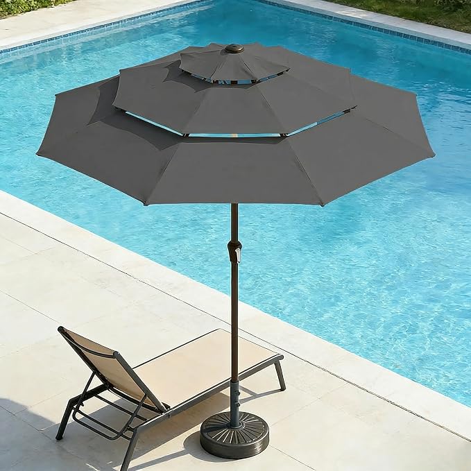 10ft 3 Tier Patio Umbrella, Outdoor Market Table Umbrella with UPF 50+ Vented Canopy, 8 Sturdy Ribs, Easy Push Button Tilt and Crank, Windproof for Deck, Pool, Backyard and Garden