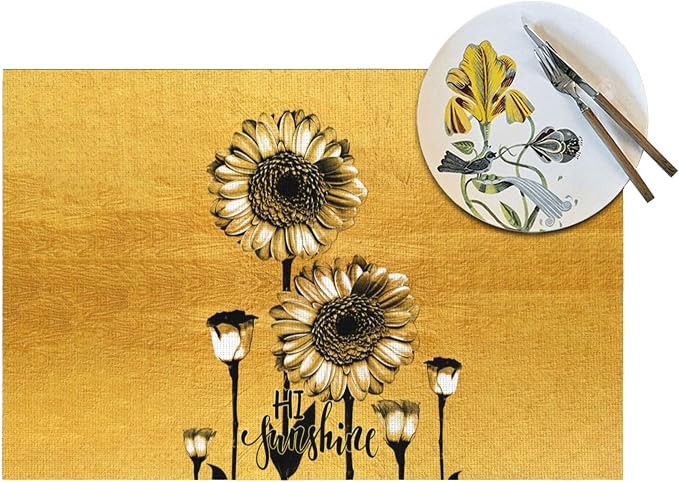 Sunflower Placemats Set of 4, Summer Table Mats for Dining Table | Heat Resistant Washable Linen Gold Place Mats for Kitchen Party Home Farmhouse Decor 12x18 Inch