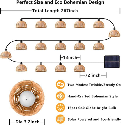 Solar Rattan String Lights Outdoor, 16FT 16 LED Half-Globe Hemisphere Wicker Lanterns, IP65 Waterproof Solar Powered Patio Lights, Boho Decorative Hanging Lighting for Garden Porch Wedding