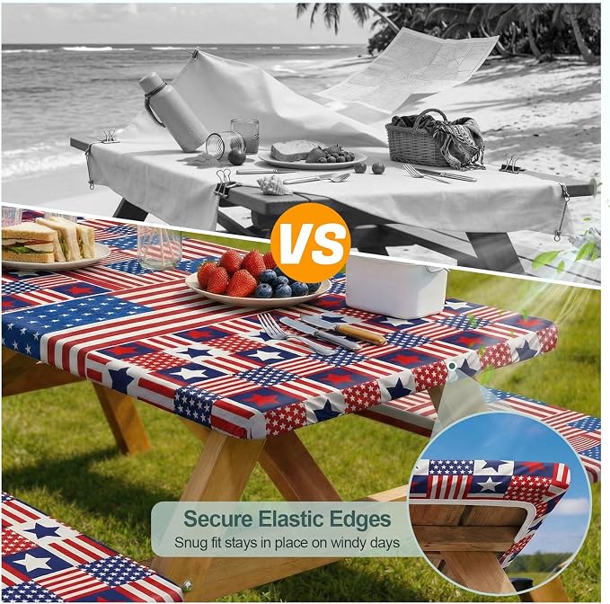 Picnic Table Cover with Bench Covers Camping Essentials Waterproof Windproof Camping Tablecloth with Drawstring Bag, Fitted Rectangle Tables and Seats, 96in, Red Blue Checkered