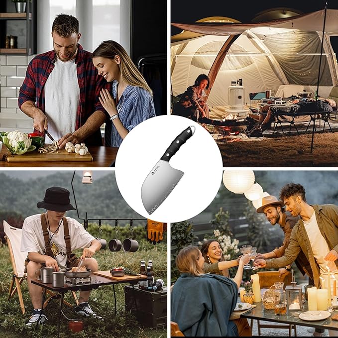 FINTISO Serbian Chef Knife, 6.5 Inch Hand Forged Meat Cleaver Knife with 5-Layer High Carbon Stainless Steel, Full Tang Outdoor-Proof G10 Handle, Ideal for Kitchen, Camping & BBQ Cooking