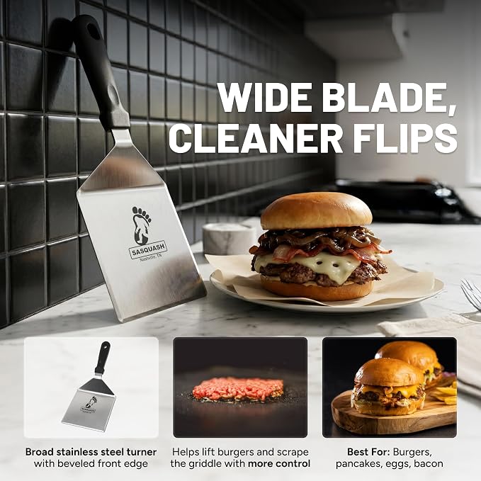 Sasquash Mammoth Smash Burger Spatula, Stainless Steel, 6 x 5.5 Inch Blade | Extra Wide Turner Built For Kitchen Use, Heavy Duty Flat Top Cooking Tool, Griddle Cooking Essential Item, Cookout Season
