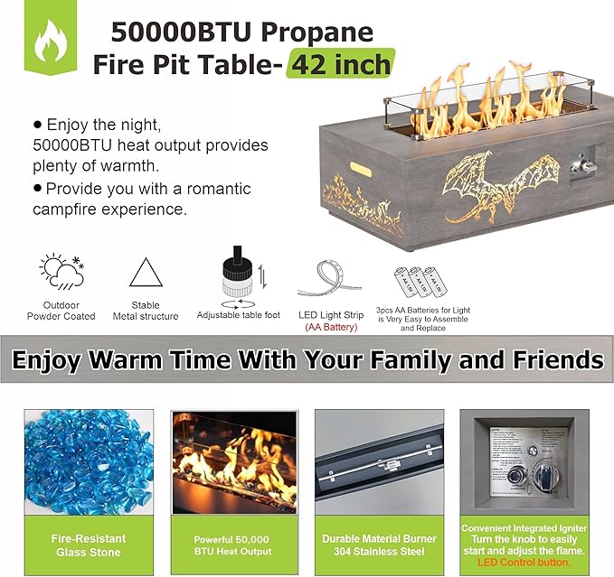SUNPEAK 42" Propane Fire Pit table with LED Light - 50,000 BTU with Wind Guard, Lid, Rocks and Cover - Gas Fire Pits for Outside Patio - Fire Pit Tables for Outside Patio (Grey/Dragon Cutout, 42" LED)