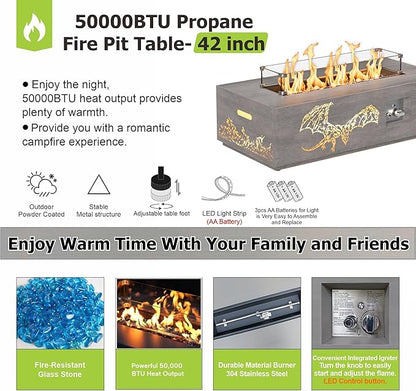 SUNPEAK 42" Propane Fire Pit table with LED Light - 50,000 BTU with Wind Guard, Lid, Rocks and Cover - Gas Fire Pits for Outside Patio - Fire Pit Tables for Outside Patio (Grey/Dragon Cutout, 42" LED)