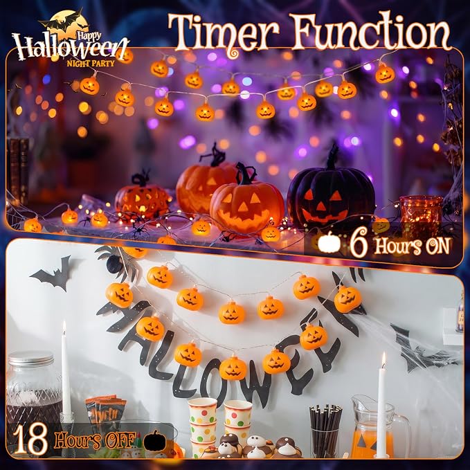 Halloween Lights Battery Operated, Pumpkin String Lights Outdoor | 10Ft, 20LED, Timer, 8 Modes, Clear Wire, 3D Plastic Pumpkin, Waterproof, Orange Cute Decor for Patio Yard Party Home