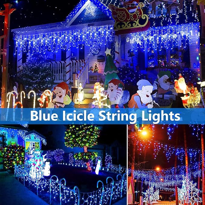 Joomer Christmas Icicle Lights Outdoor Waterproof, 33FT, Blue | 50 Drops Connectable Timer8 Modes Plug-in String Light for Indoor Party, Eaves Roof yard Xmas Decorations
