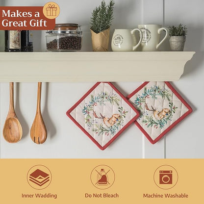 Maison d' Hermine Pot Holders 100% Cotton Potholders (8" x 8", Pack of 1) | Heat Resistant Hot Pads with Loop BBQ Cooking Baking Hotel Kitchen Handling Hot Pans Thanksgiving Christmas - Holly Time