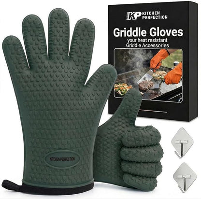 KITCHEN PERFECTION Silicone Oven & Griddle Gloves -Extreme Heat Resistant BBQ & Grilling Gloves -Handle Hot Food Right on Your Griddle |Waterproof Oven Mitts Grill Gloves |Superior Set+3 Bonuses