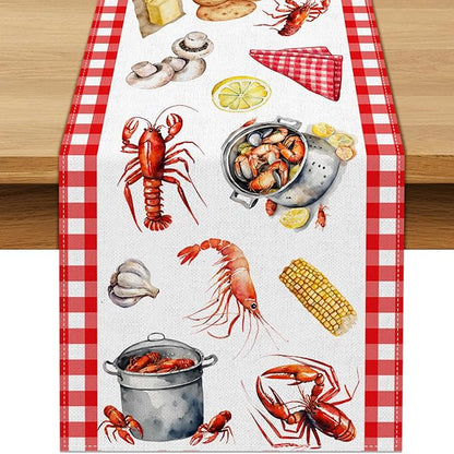 Crawfish Boil Table Runner Buffalo Check Lobster Crab Seafood Boil Themed Birthday Party Decoration Dining Room Home Kitchen Decor (13" x 108")