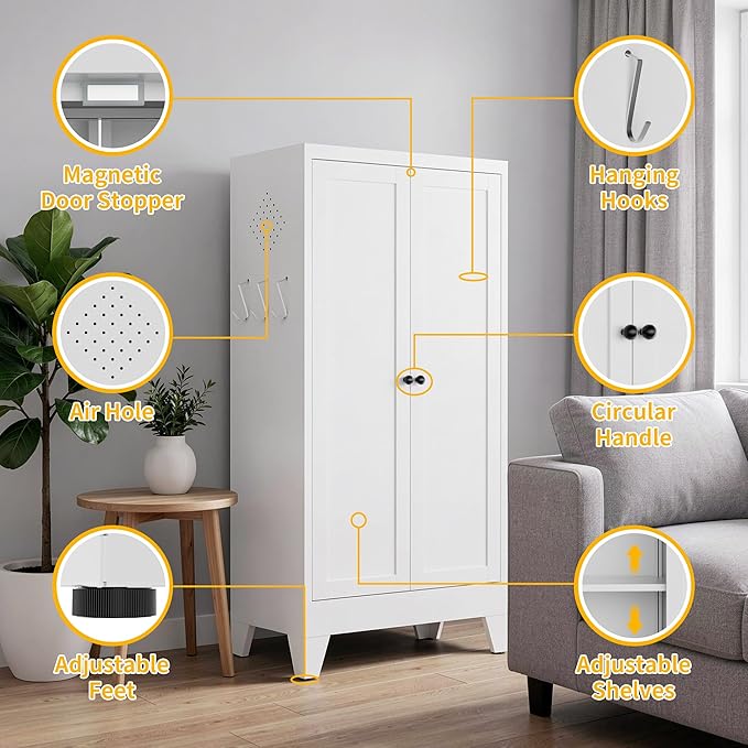 Metal Pantry Cabinet, Kitchen Pantry Storage Cabinets with 2 Doors and 3 Adjustable Shelves, White Kitchen Pantry Cabinet for Dining Room, Living Room, Assemble Required (White)