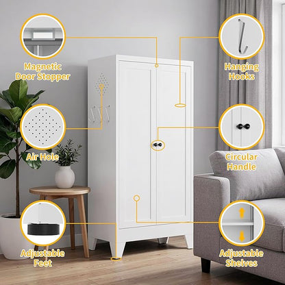Metal Pantry Cabinet, Kitchen Pantry Storage Cabinets with 2 Doors and 3 Adjustable Shelves, White Kitchen Pantry Cabinet for Dining Room, Living Room, Assemble Required (White)