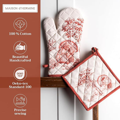 Maison d' Hermine 100% Cotton Oven Mitt & Pot Holder Set (7.5"x13" & 8"x8") Heat Resistant BBQ Cooking Gloves with Loop for Thanksgiving Christmas Decorations Handling Hot Pans (Holy Jouy - Red)