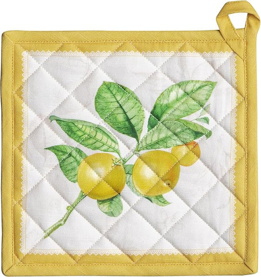 Maison d' Hermine Pot Holders 100% Cotton Heat Resistant Potholders 8" x 8" Hot Pads with Loop BBQ Cooking Baking Hotel Farmhouse Kitchen Handling Hot Pans Spring Summer (Pack of 1, Limoncello)